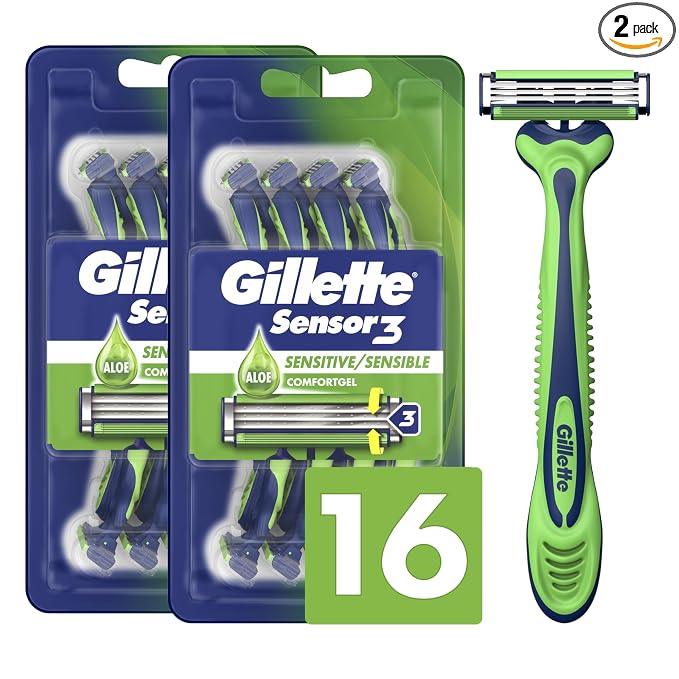Gillette Sensor3 Sensitive Disposable Razors for Men, Enhanced Lubrastrip Glides Easily Over Your Skin, 8 Count (Pack of 2)