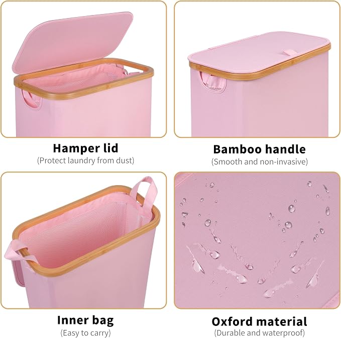 iEGrow 65L Slim Laundry Hamper, Narrow Laundry Basket with Lid,Foldable Clothes Hamper with Bamboo Handles,Hamper Basket with Removable Inner Bag for Laundry Room Bedroom College Dorm,17.17 Gals Pink