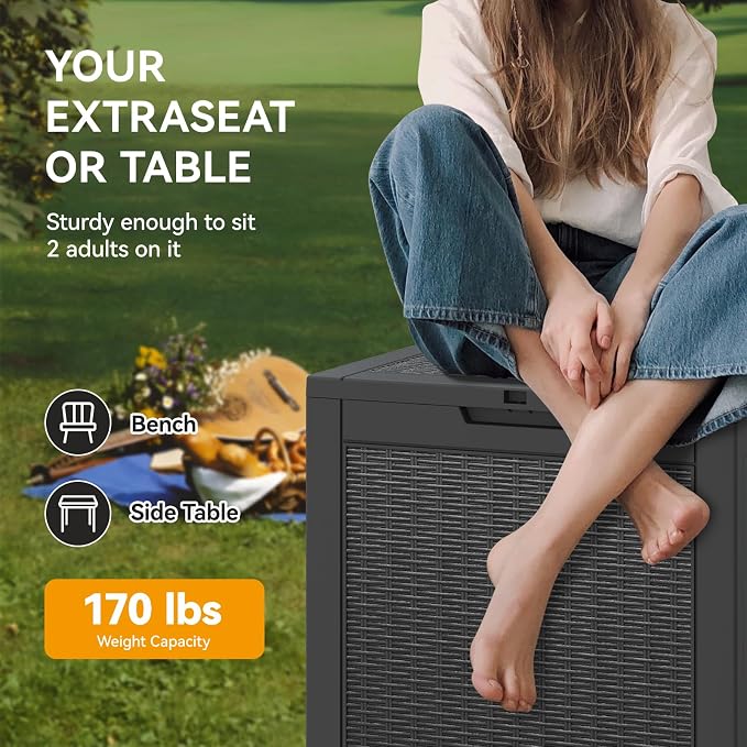 29 Gallon Outdoor Storage Box, Resin Deck Boxes Indoor and outdoor, Waterproof Storage Box Lockable Lid for Garden Tools, Package Delivery, Pool Supplies, Patio Cushions, Black