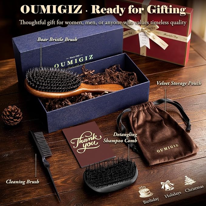 Boar Bristle Hair Brush Since 1965 British Craftsmanship Handmade | Natural Wood Slick Back Hairbrush, Gentle Detangling Women Men Kids Curly Thick Fine Frizzy Hair, Smoothing Styling Brush