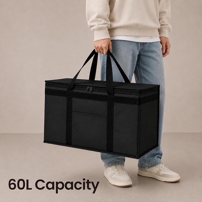 Insulated Food Bag, Portable Cooler Tote (2XL, Black, 2 Pack) | Large thermal bag, For cold & hot food, Soft sided cooler, Heavy duty carrier, Grocery shopping, Food delivery, Catering bag