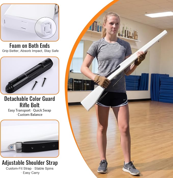 36" Color Guard Rifle, Wooden Drill Rifle for Winter Guard, Tan Gloves | Glossy Finish, Black Leather Strap, 1.5-2 lbs Balanced, Foam Padded Ends, Includes Tan Gloves & 2 Tapes