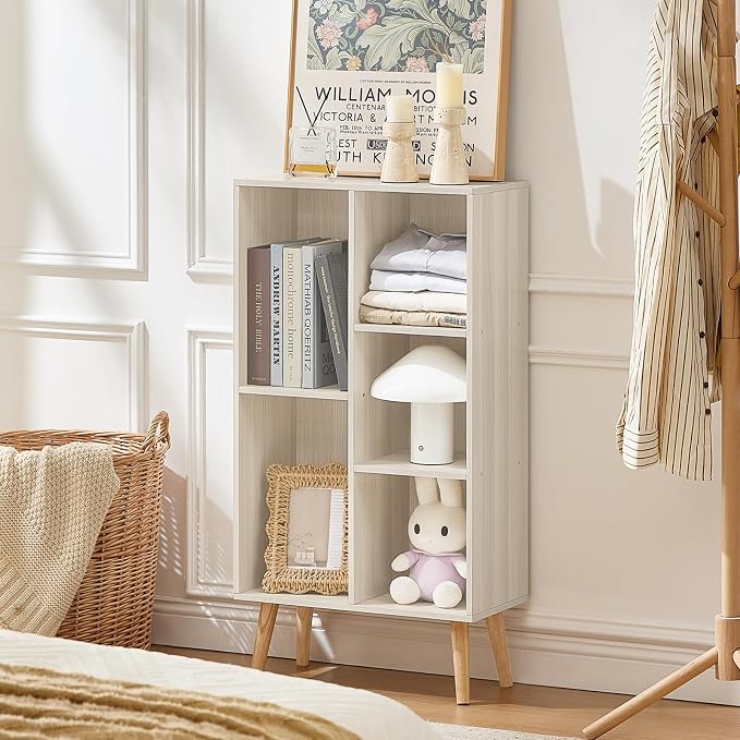 LEYAOYAO 5 Cube Bookshelf,Mid-Century Modern Bookcase with Legs,Light Grey | 3 Tier Book Shelf,Rustic Wood Bookshelves Freestanding Small Storage Organizer, Open Shelves for Bedroom, Living Room, Office