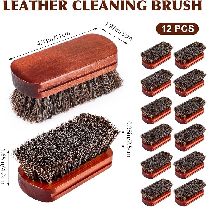 LemonRoad 12 Pcs Bulk Leather Horse Hairbrush Shoe Shining Brush with Wooden Concaved Handle Upholstery Cleaning Brush for Boots, Car Seats, Leather Sofas, Furniture, Wallets, Bags