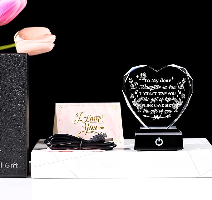 ZHSHWAT LED Heart Shaped Crystal Gift for Daughter-in-Law - Engraved Sentimental Keepsake Night Light, Perfect Birthday, Mother's Day, Christmas Gift from Mom-in-Law