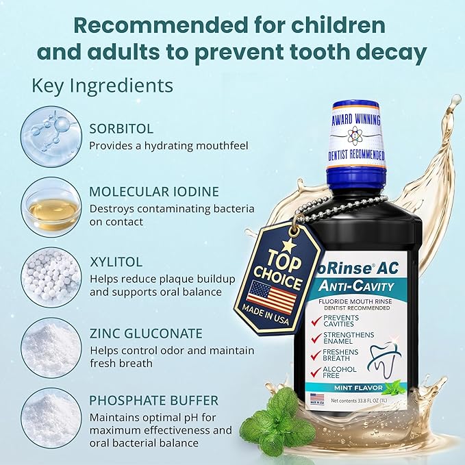 ioRinse AC Anticavity Fluoride Mouthwash - Alcohol-Free Molecular Iodine Mouth Wash Fights Tooth Decay & Protects Enamel - Safe Mint Rinse for Sensitive Mouths - Potent Bad Breath Protection - 33.8 oz
