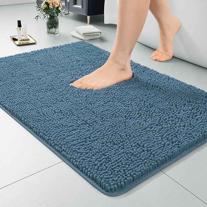 LOCHAS Luxury Bathroom Rug Shaggy Bath Mat 24 x 36 Inch, Denim Blue | Washable Non Slip Bath Rugs for Bathroom Shower, Soft Plush Chenille Absorbent Carpets