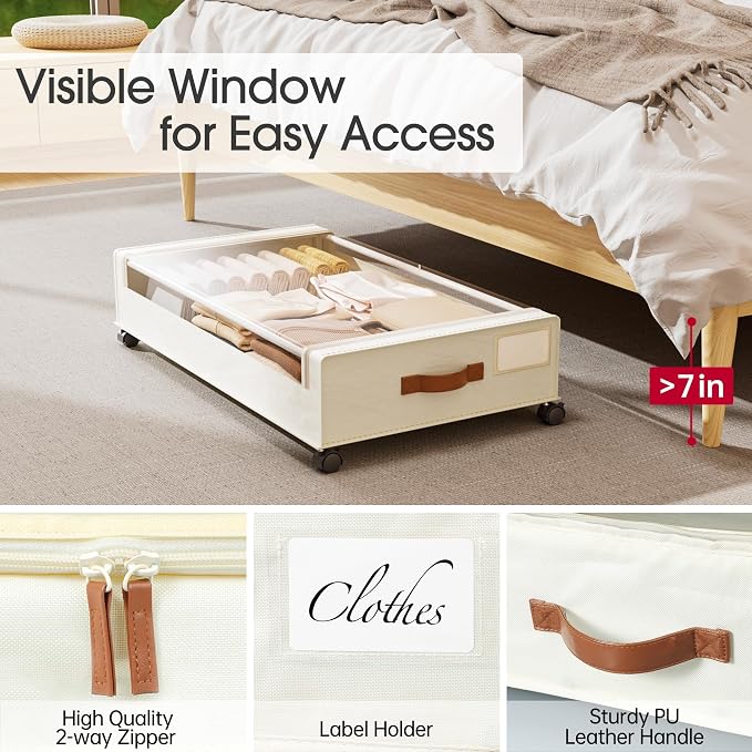 Yecaye 60L Under Bed Storage Containers with Wheels, 2 Pack Under Bed Storage Containers, Underbed Shoe Storage with Clear Window & Label, Rolling Under Bed Metal Drawer for Shoes, Clothes, Beige