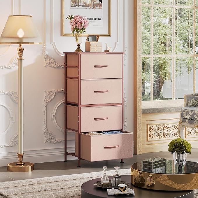 WLIVE Small Dresser Nightstand for Bedroom, 4 Drawers, Pink | 4 vertical fabric drawers, Space-saving tower, Bedroom or closet use, Chest of drawers, Dresser for small spaces
