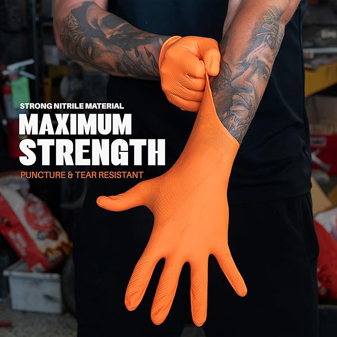 GRIPXX Herkules Grip Heavy Duty 8Mil Orange Nitrile Gloves,3D Raised Diamond Texture-Latex & Powder Free-Industrial, Mechanic (1, X-Large)