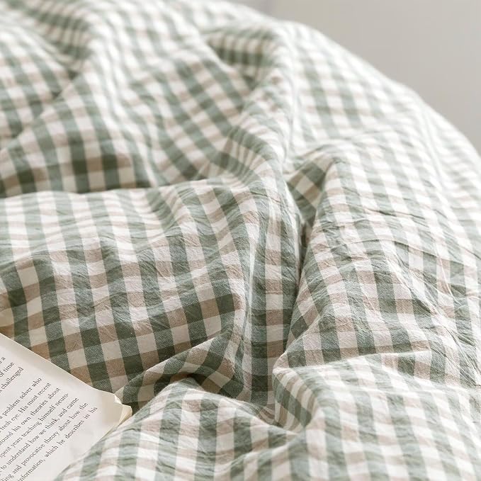 mixinni Green Gingham Ruffle Duvet Cover Queen Size 3 Pieces – 100% Washed Cotton, Vintage Plaid Ruffled Bedding Set with Zipper Ties, Soft Checkered Grid Farmhouse Chic Comforter Cover Set
