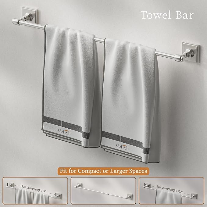 VEHCIL Brushed Nickel Bathroom Towel Bar Set, 5 Piece Bathroom Hardware Accessory Set, SUS304 Stainless Steel 24" Towel Rack Holder Set for Bathroom, Wall Mounted