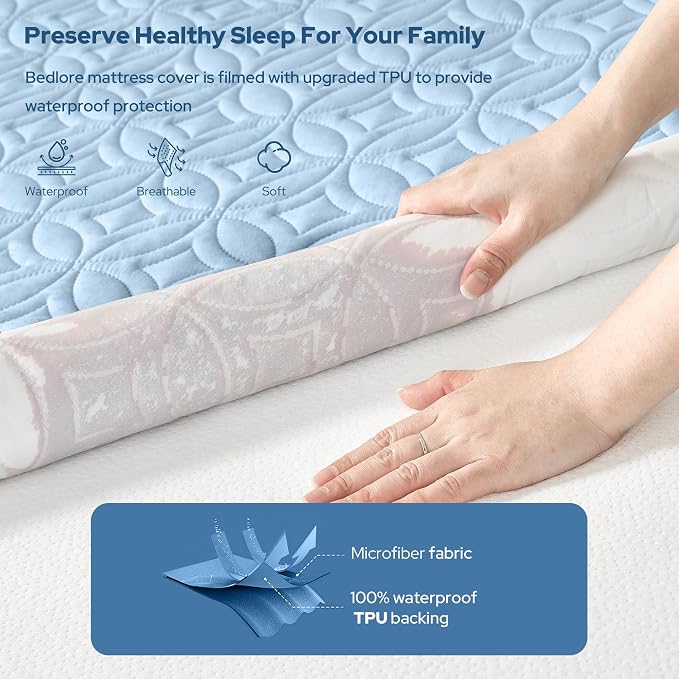 BEDLORE Waterproof Mattress Protector, Twin XL Size Mattress Pad with Deep Pocket 6"-15" Depth, Soft Breathable Dirt-Proof Bed Mattress Cover for Bedroom, College Dorm (Sky Blue)