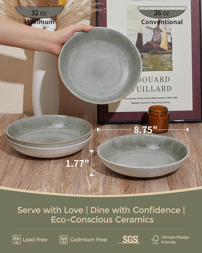 Pokini 16 Piece Double Bowl Dinnerware Sets, Stain Resistant Dish Set with Pasta Bowls, Easy Cleaning Dishes, Multi-Functional Plate and Bowl, Stack Compactly Plate Set, Service for 4