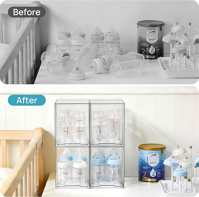 Vtopmart 7.6" H Clear Stackable Storage Drawers, 4 Pack Plastic Organizers Bins for Skincare, Cosmetics,Beauty Supplies,Ideal for Vanity, Bathroom,Kitchen Countertop,Cabinet Organization