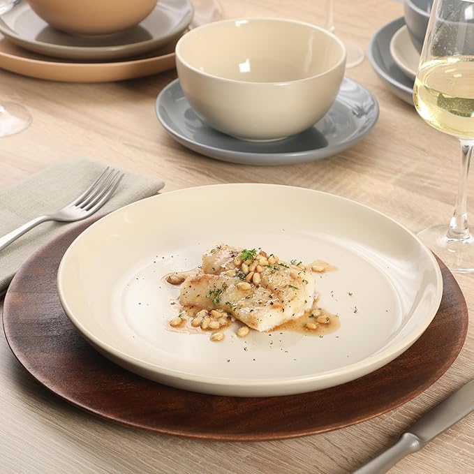 Gibson Home Rockaway 12 Piece Plates and Bowls Matte Outside/Shiny Inside Glaze Service for 4 Dinnerware Set - Assorted Color (Cream, Blue, Beige, Brown) - Dishwasher and Microwave Safe