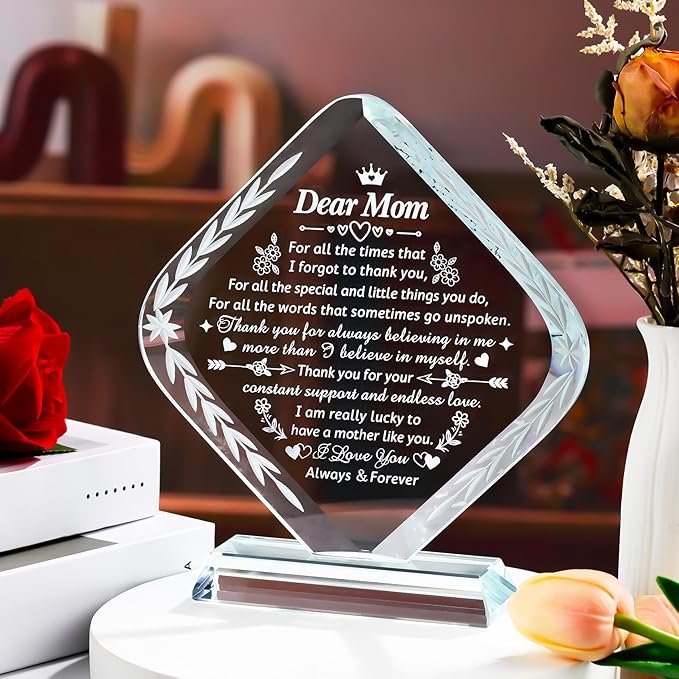 Movdyka Gifts for Mom, Crystal Engraved Keepsakes Plaque, Mom Gifts from Daughter Son Best Birthday Gifts for Mom Mothers Day Valentines Gifts for My Mom Christmas Anniversary Presents for Mother