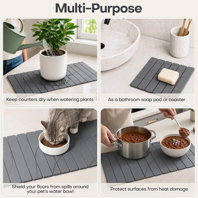 Extra Large Stone Dish Drying Mat for Kitchen Counter, Quick Dry Stone Dish Mats, Foldable Water Absorbing Diatomaceous Drying Pad for Countertop Bottles Utensils Bathroom (Flow Line Gray 32"x16")