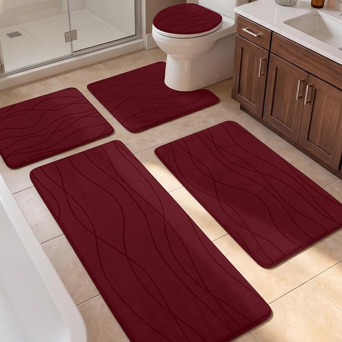 YIHOUSE Bathroom Rugs Set 5 Piece, Memory Foam Bath Mat Red | Ultra Soft, Absorbent, Non-Slip, Machine Washable, for Bathroom, Sink and Toilet