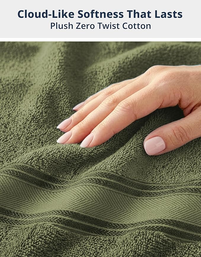 Lane Linen 100% Cotton 4 Pack Bath Towels (28"x54") - Zero Twist, Mercerized Cotton Bathroom Towels Set - Quick Dry, Very Soft & Absorbent Large Bath Towels - Tumble Dry Regains Fluffiness - Oil Green