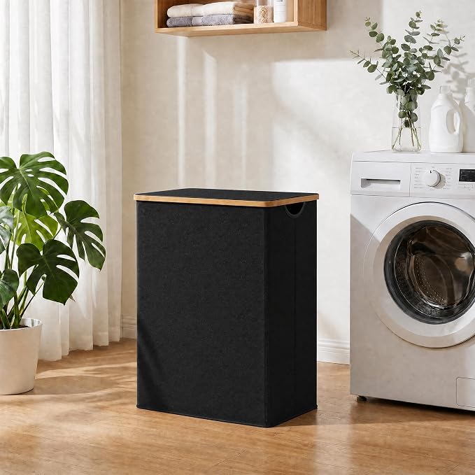 efluky Laundry Hamper with Lid, Double Laundry Basket with 2 Removable Bags, 2 Section Laundry Bin with Bamboo Handles for Bathroom, Bedroom & Laundry Room, 170L (44.9 Gallon) Black