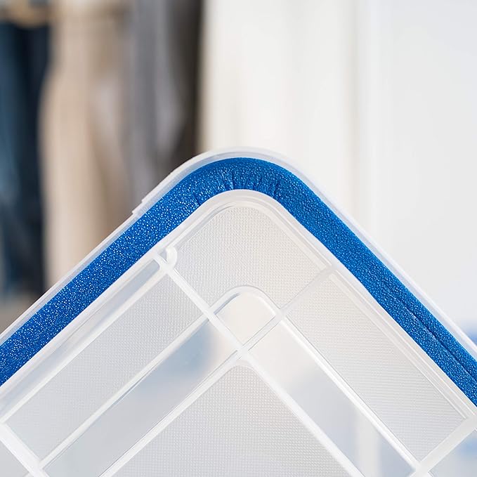 IRIS USA 4-Pack 26.5/44 Combo Qt Storage Bins with Gasket Lids, Clear/Blue | WeatherPro seal helps block dust and moisture Multiple sizes organize every room with confidence