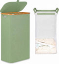 iEGrow 65L Slim Laundry Hamper, Narrow Laundry Basket with Lid,Foldable Clothes Hamper with Bamboo Frame,Hamper Basket with Removable Inner Bag for Laundry Room Bedroom College Dorm,17.17 Gals Green