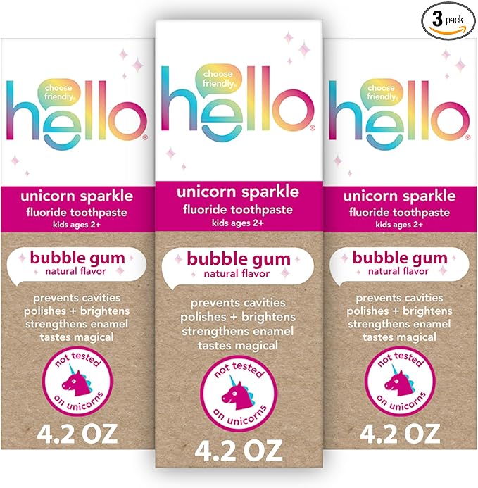 Hello Unicorn Sparkle Kids Toothpaste with Fluoride, Bubble Gum Toothpaste, 4.2 Oz Tube (Pack of 3) | Safe for Ages 2 and Up, Helps Prevent Cavities, Strengthens Enamel, Polishes Teeth, Vegan, Natural Bubblegum Flavor