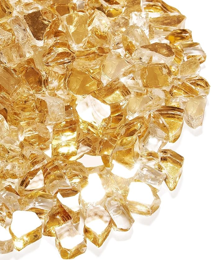 NUPICK 20 Pound Fire Glass, 1/2 Inch Reflective Fire Pit Glass | Tempered Fire Pit Rocks for Propane or Natural Gas, Glass Rocks for Fire Pit Table, Fireplace, Fire Bowl, Landscaping, Gold