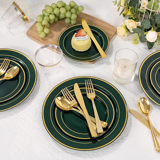 WDF Partyware 350PCS Green and Gold Plates - Green Plastic Plates 50Guests Plastic Plate with Rolled Napkins for Party/Birthday/World Cup 2026