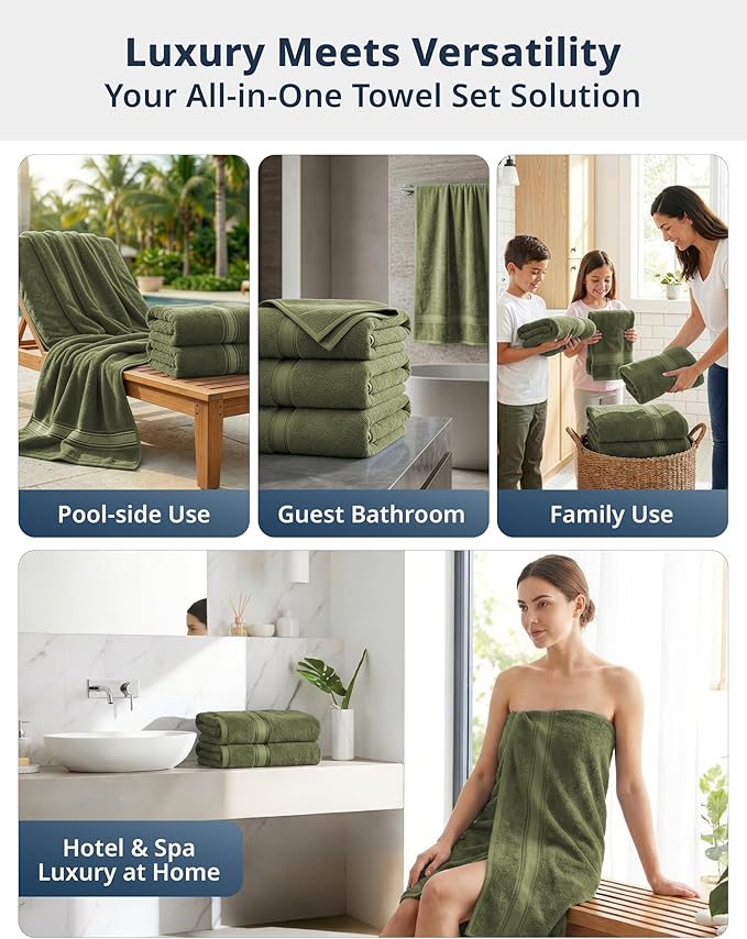 Lane Linen 100% Cotton 4 Pack Bath Towels (28"x54") - Zero Twist, Mercerized Cotton Bathroom Towels Set - Quick Dry, Very Soft & Absorbent Large Bath Towels - Tumble Dry Regains Fluffiness - Oil Green