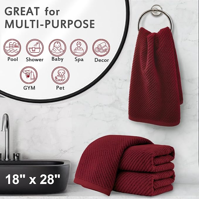 VOOVA & MOVAS Hand Towels 4PC, 100% Cotton, 18x28 in, Burgundy Red | Thick, Quick Dry, Soft, Absorbent, Bathroom Essentials, Suitable For Shower, Spa, Daily Washing