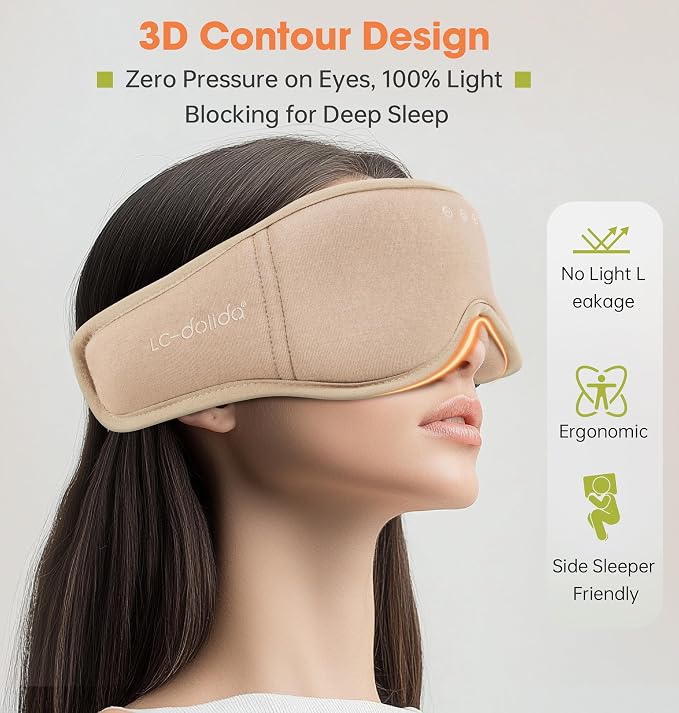 Sleep Mask with Headphones Bluetooth 5.4, LC-dolida Wireless Music Eye Mask for Sleeping Headphones with Soft Bamboo Cotton Cooling Breathable,Ultra-Thin Stereo Speaker for Side Sleepers-Khaki