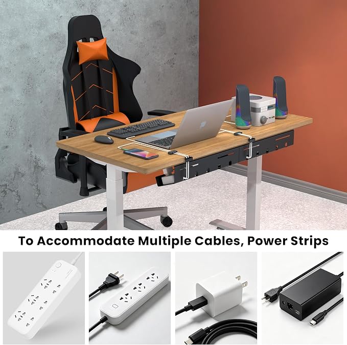 UNITEDPOWER Cable Management Tray, 2-Pack Metal Power Strip Holder for Under Desk Wire Cord Organizer, Office/Home，Black