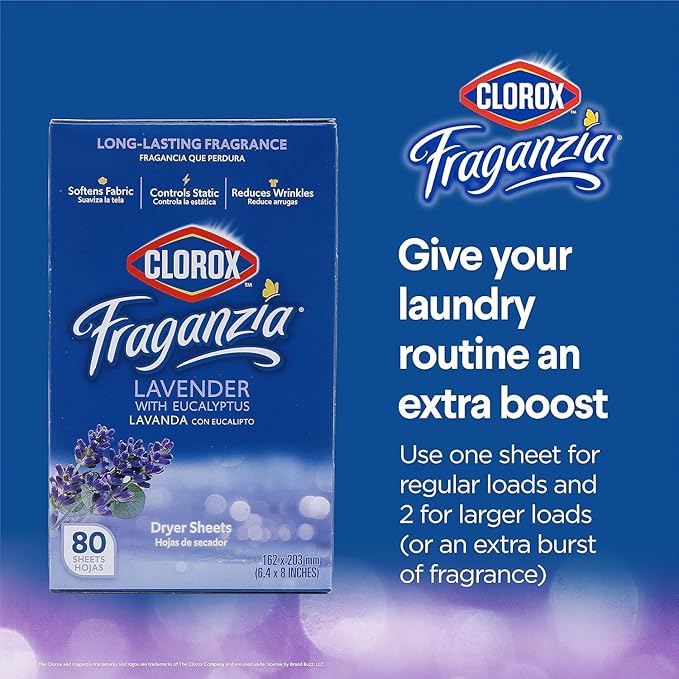 Clorox Fraganzia Fabric Softener Dryer Sheets Lavender with Eucalyptus Scent Wrinkle Reducing Anti-Static Softens Fabrics Fresh Smelling Clothes Linens 80 Count 6 Pack