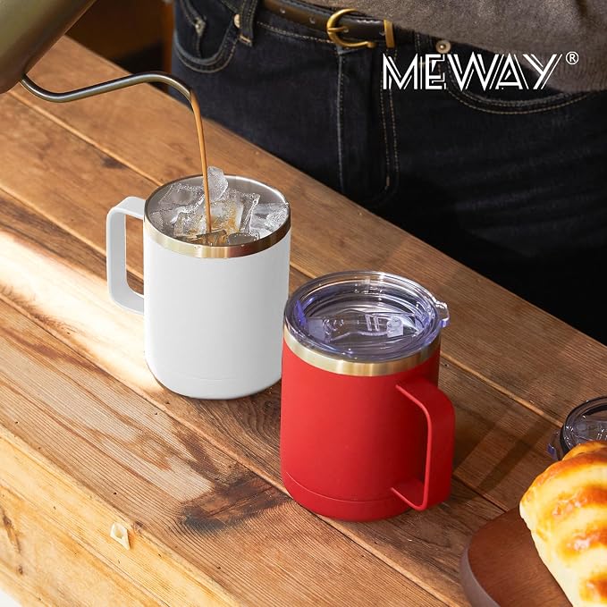 MEWAY 12oz Coffee Mug With Handle 2 Pack Bulk,Stainless Steel Insulated Travel Tumblers With Sliding Lid,Double Wall Vacuum Camping Cup for Hot & Cold Drinks Tea (White,Set of 2)
