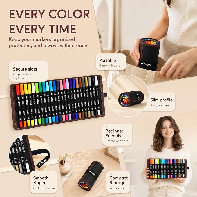 Pagather 24 Colors Acrylic Paint Markers, Dual Tip with Fine Tip and Brush Tip Pens for Stone, Wood, Calligraphy, Canvas, Ceramic, Metal, Glass, Rock Painting, DIY Crafts Art Supplies Kit
