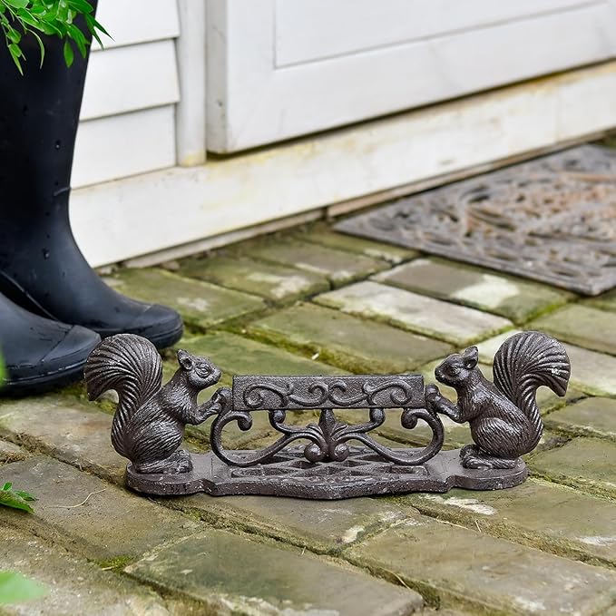 Sungmor Heavy Duty Cast Iron Boot Scraper, Vintage Rustic Black Squirrel Boot Cleaner, Garden Front Door Entrance Shoe Scrubber Mat, Farmhouse Outdoor Patio Decorative Mud Cleaner
