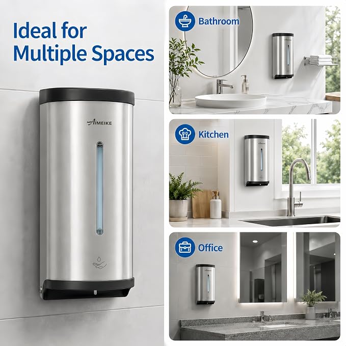 Automatic Wall-Mount Soap Dispenser, 800 mL Stainless Steel | Touchless 800 mL wall dispenser with viewing window, keyed lock and low-liquid indicator; requires 6 AA batteries.