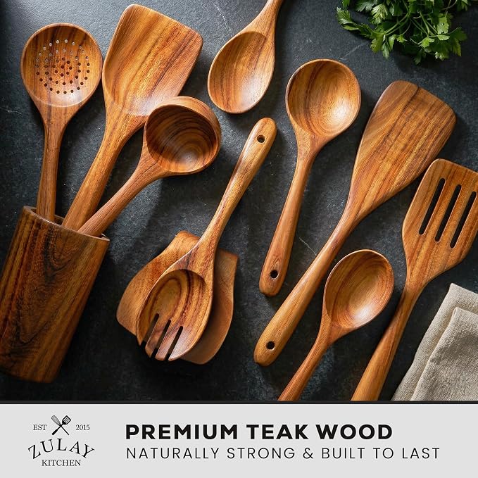 Zulay Kitchen 10-Piece Wooden Spoons for Cooking - Smooth Finish Teak Wooden Utensils for Cooking - Soft Comfort-Grip Wood Spoons for Cooking - Non-Stick Wooden Cooking Utensils - Wooden Spoon Sets