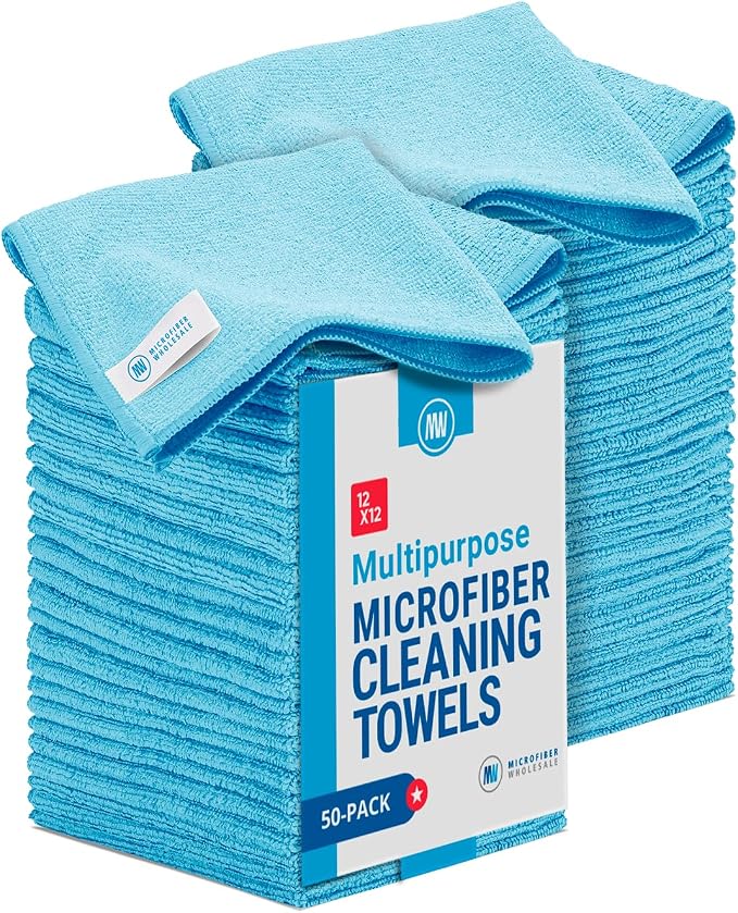 12" x 12" Microfiber Cleaning Cloths (50 Pack) - Reusable Towels, Wash Rags, Dust Cloth, All-Purpose: Kitchen, Dish, Cars, Shop, Glass (Blue)
