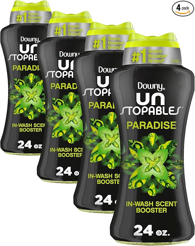 Downy Unstopables In Wash Scent Booster Beads, Paradise Scent, 24 oz, Laundry Beads for Odor Protection, Downy Scent Booster Beads, Laundry Scent Boosters (Pack of 4)