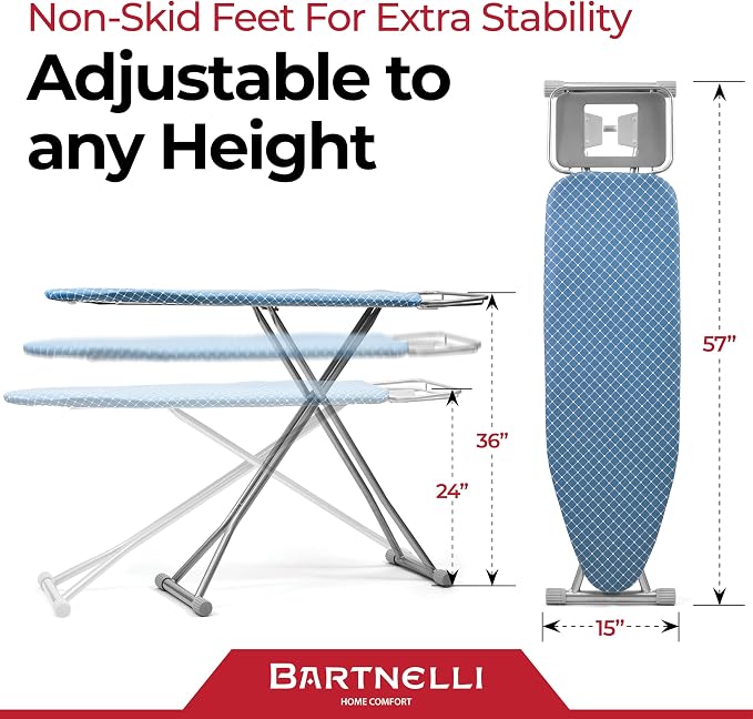 Bartnelli Premium Full-Size Ironing Board 45x15 Inch Large Surface, Integrated Upgraded Iron Rest with Hanger Rack, Height Adjustable, Heavy-Duty Metal Frame, 4 Non-Skid Feet, 4-Layer Cover & Pad