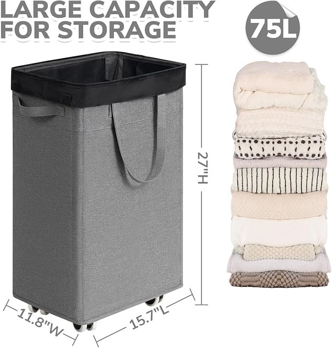 CHICVITA Laundry Basket with Wheels, 75L Slim Laundry Hamper with Removable Wash Bag for Bedroom, Clothes Hampers for College Dorm, Light Grey