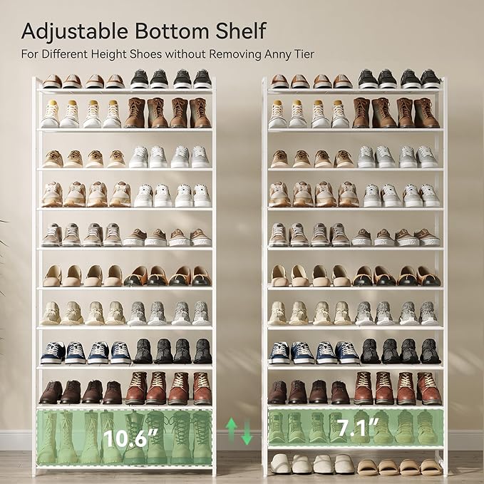 Nunsino Shoe Rack for Closet, Metal Shoe Organizer, 10 Tier Garage Shoe Rack Max Holds 50 Pairs,Shoe Storage Shelf,Entryway,White