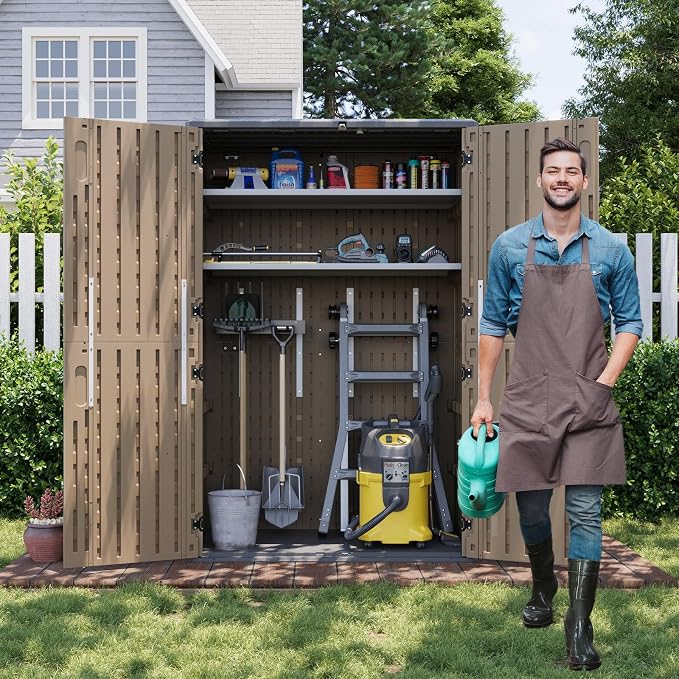 Aoxun Outdoor Storage Shed with 2 Shelves & Floor, 64 Cu.Ft Storage Cabinet | Large Outdoor Waterproof Vertical Resin Shed for Garden Tools, Pool Equipment, Brown