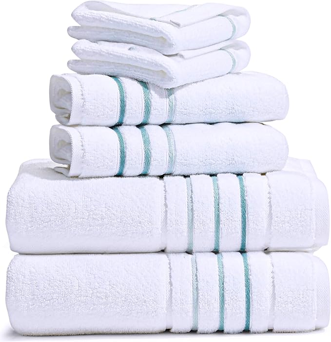 Bath Towels Set for Bathroom – Luxury 6-Piece Cotton Towels, Soft Absorbent & Quick Dry, 600 GSM Bath Towels for Bathroom, Hotel Spa Quality (White/Aqua Green, 6- Bath Towel Set)