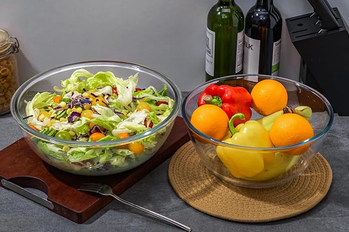 4.7Qt Large Glass Mixing Bowl with Lid, Clear Large Salad Bowls with Airtight Bamboo Lid & Handle,Thickened Glass Big Mixing Bowls Cooking Bowl for Serving, Food Prep, Kitchen,Borosilicate Glass
