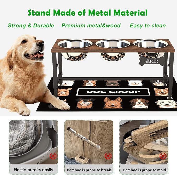 SHAINFUN Adjustable Height Elevated Dog Bowl Stand – Wooden Raised Dog Bowls with Three 58oz Stainless Steel Bowls & Mat for Small to Large Dog Breeds