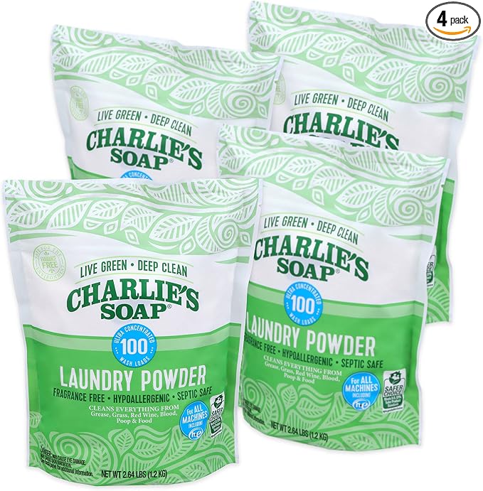 Charlie’s Soap Laundry Powder (100 Loads, 4 Pack) Deep Cleaning Washing Powder Detergent – Eco-Friendly, Safe, and Effective